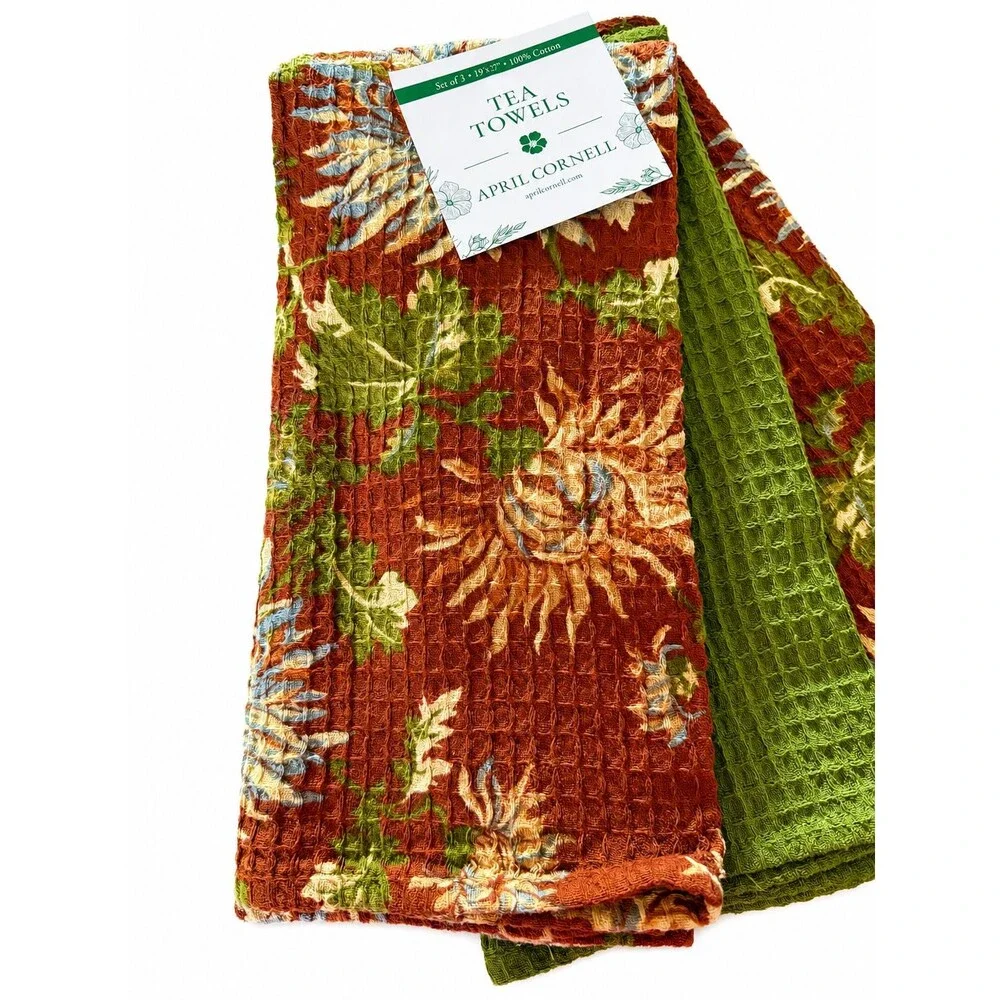 April Cornell Antoinette Dish Towels Set of 3 Brown Green Floral Waffle Weave
